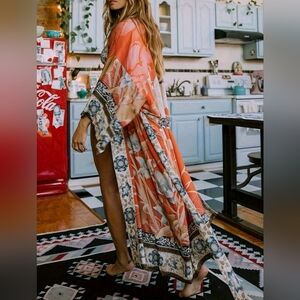 NEW Boho Gypsy Print Cherry Blossom Kimono Duster Maxi Orange Tan Brown Black